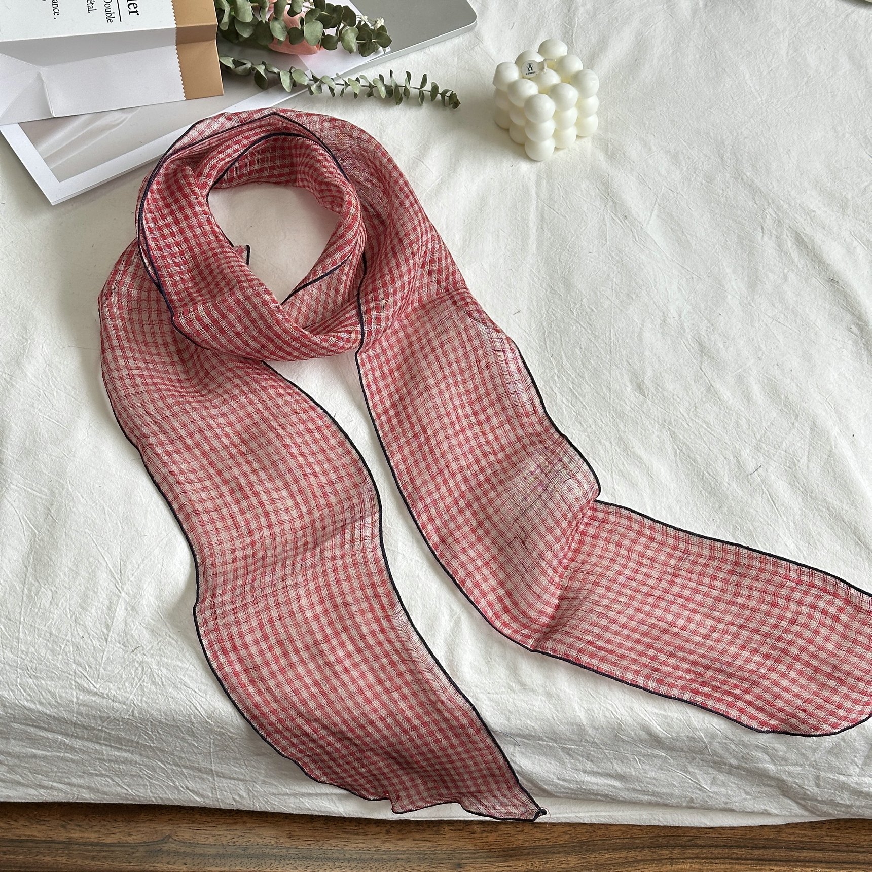 Écharpe longue et fine 100 % lin de haute qualité, assortie à toutes les tenues, nouvelle collection printemps-automne pour femme, petit foulard, bandeau pour cheveux, ruban pour sac à main