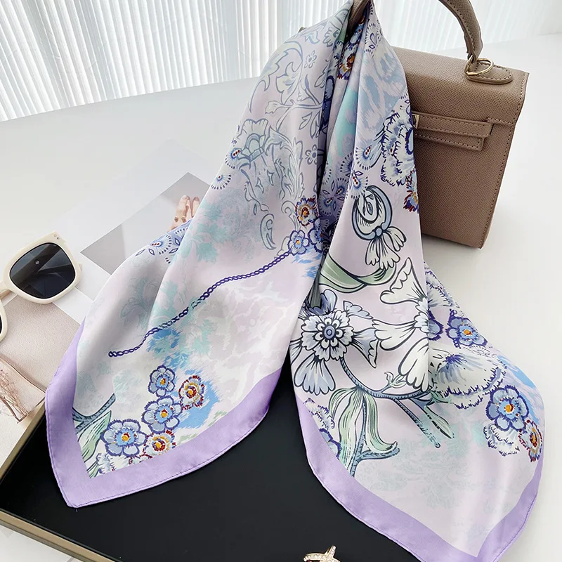 Foulard carré imprimé floral 70x70cm pour femmes, Hijab à la mode, bandeau en Satin doux, Foulard Bandana, cravates