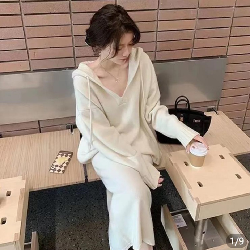 Vêtements coréens d'automne, ensemble tricoté avec jupe, tendances féminines 2026, ensemble jupe longue deux pièces, tenue deux pièces à capuche