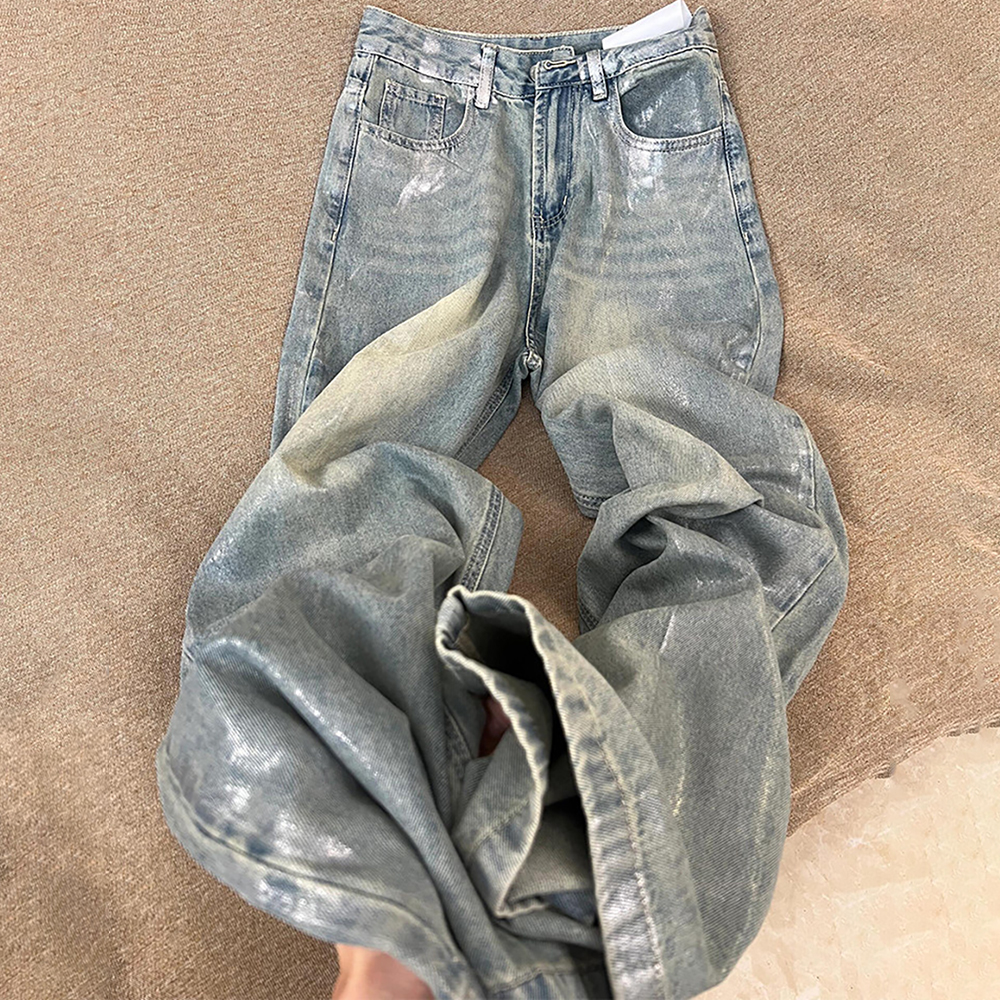 Jean tendance bleu argenté pour femme, printemps-automne, en denim brillant à sequins, streetwear, taille haute, coupe droite large