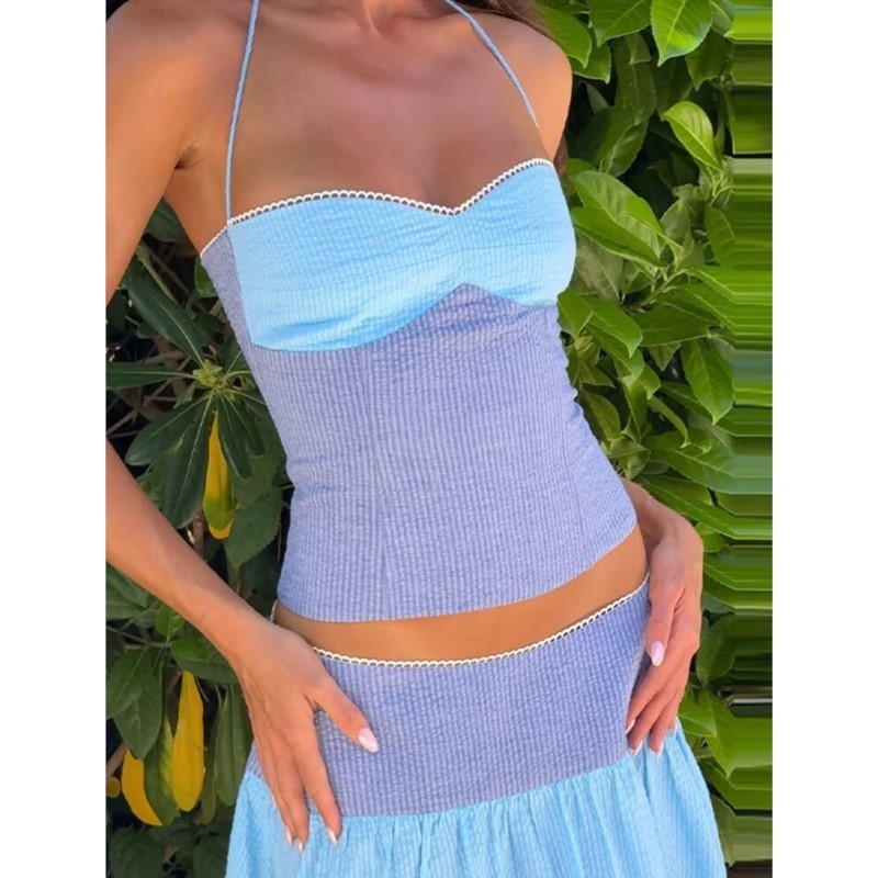 Ensemble jupe femme été rayé colorblock sexy dos nu hauts à lacets taille mi-haute jupe trapèze fermeture éclair latérale mode décontracté 2 pièces