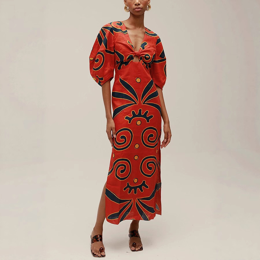 Femmes mode lin matériel mode Chic imprimer longues Robes de soirée Sexy col en v évider taille haute robe de soirée dame Robes