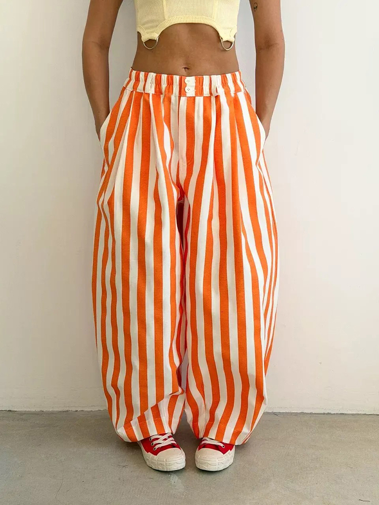 Pantalon ample à rayures tendance pour femme, coupe large, taille boutonnée, polyvalent, mode automne 2026