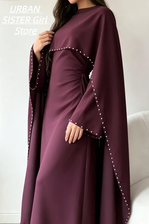 Cape ornée de perles avec manches cloche, robe musulmane, robe de soirée longue élégante de couleur unie