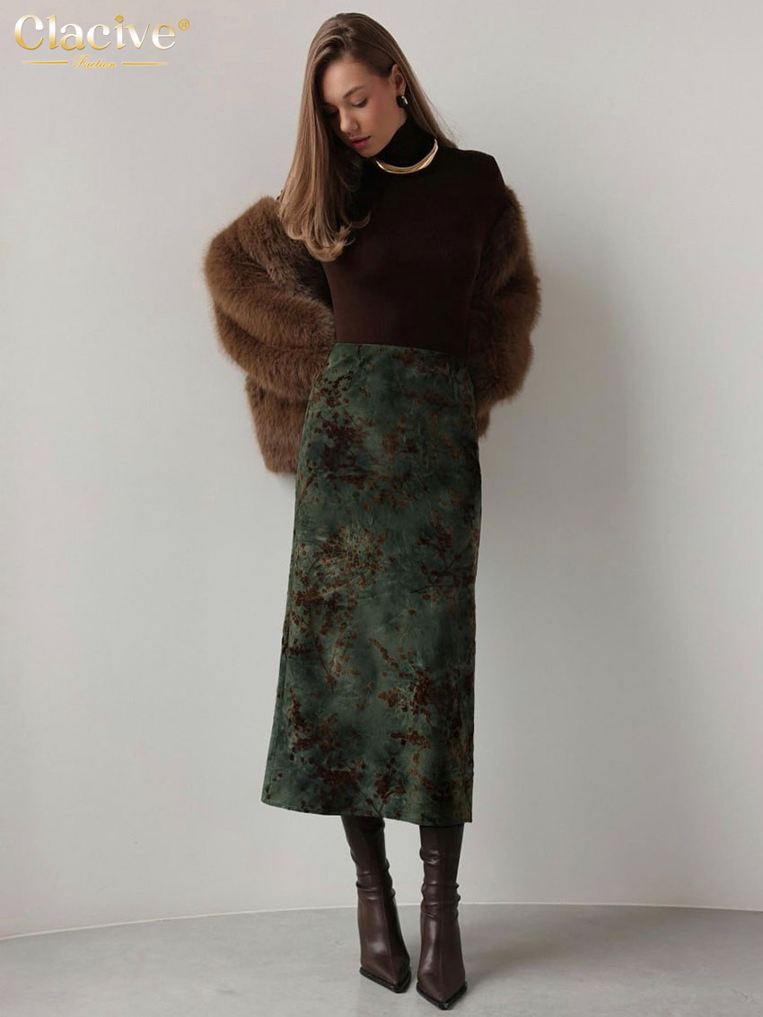 Clacive mode ample imprimé femmes jupe 2025 Vintage taille haute jupes mi-longues dames élégant classique jupe femme vêtements