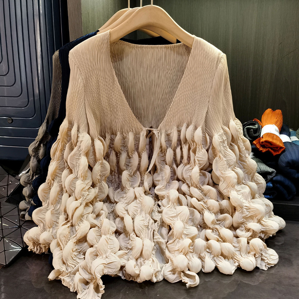 Femmes manteaux élégants plissé à manches longues vestes à lacets épissé décontracté col en V manteau élégant dame Cardigan vêtements d'extérieur automne 2025