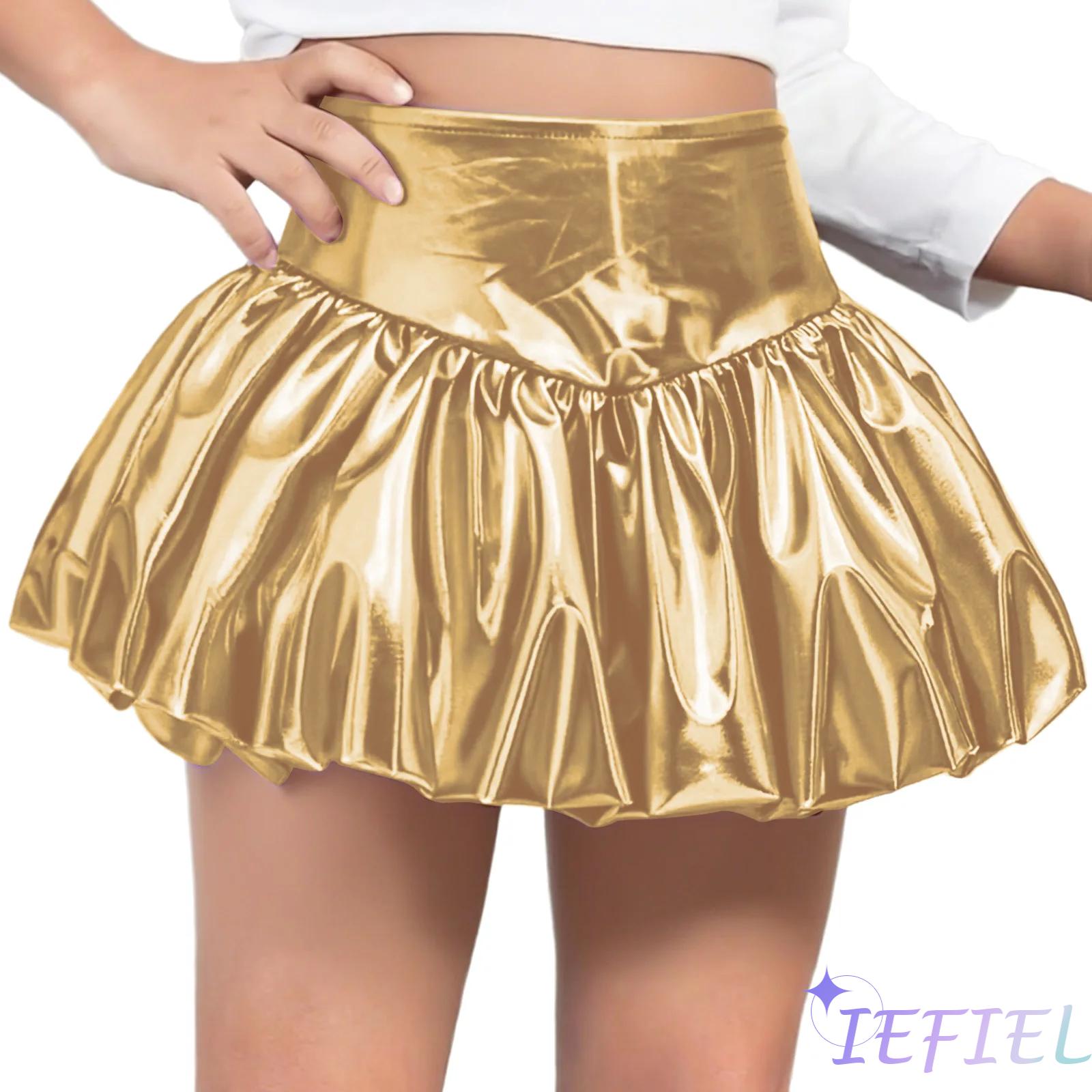 Jupe de danse Disco pour enfants filles, jupe à bulles métallique, ceinture élastique, jupes à bourgeons brillants, mode Jazz, vêtements de danse de pom-pom girl