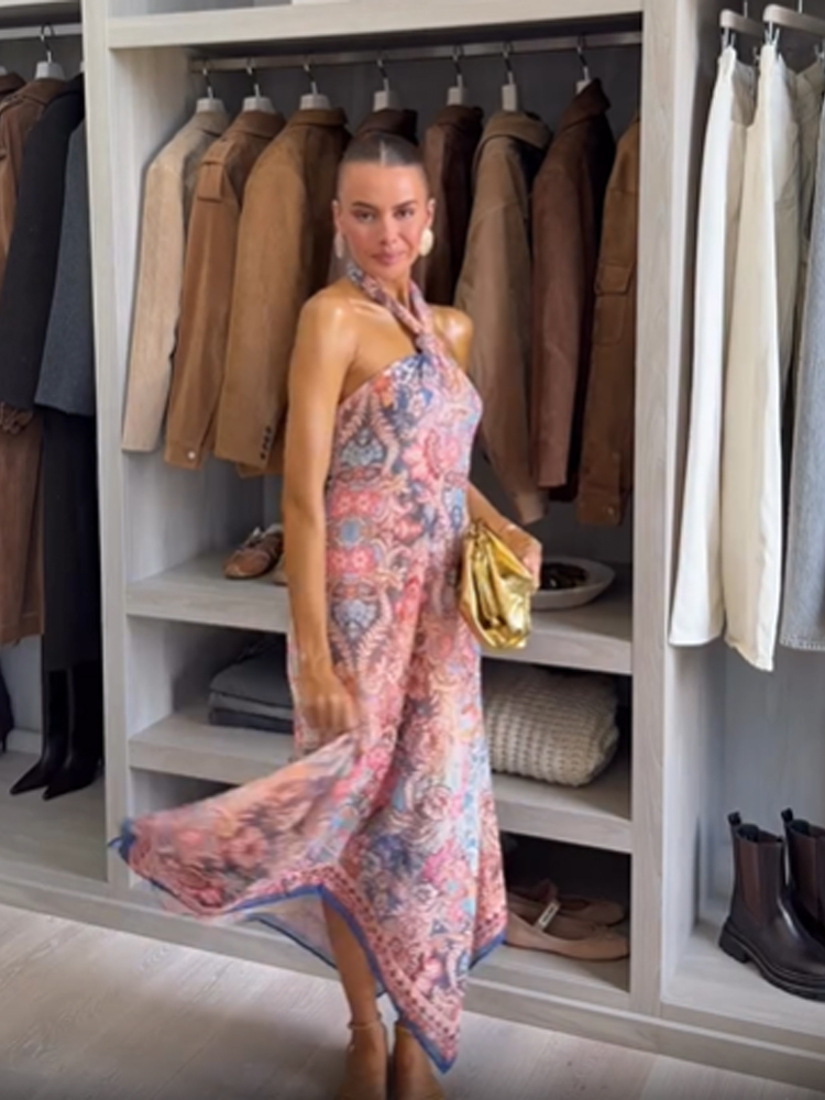 Nouvelle Robe Longue Chic à Imprimé Floral pour Femme, Col Halter, Col en V, Sans Manches, Dos Nu, Taille Cintrée, Idéale pour les Vacances d'Été