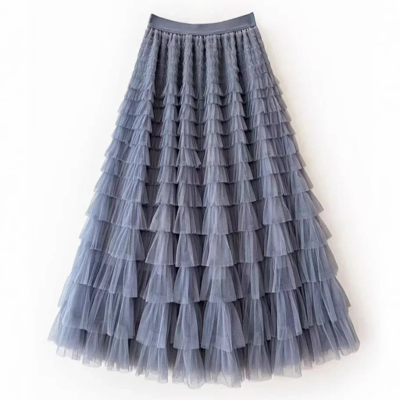 Jupe en maille à volants multicouches pour femmes, jupe longue en tulle, taille haute, vêtements de fête, monochromatique, bohème, printemps, été, salle de bain