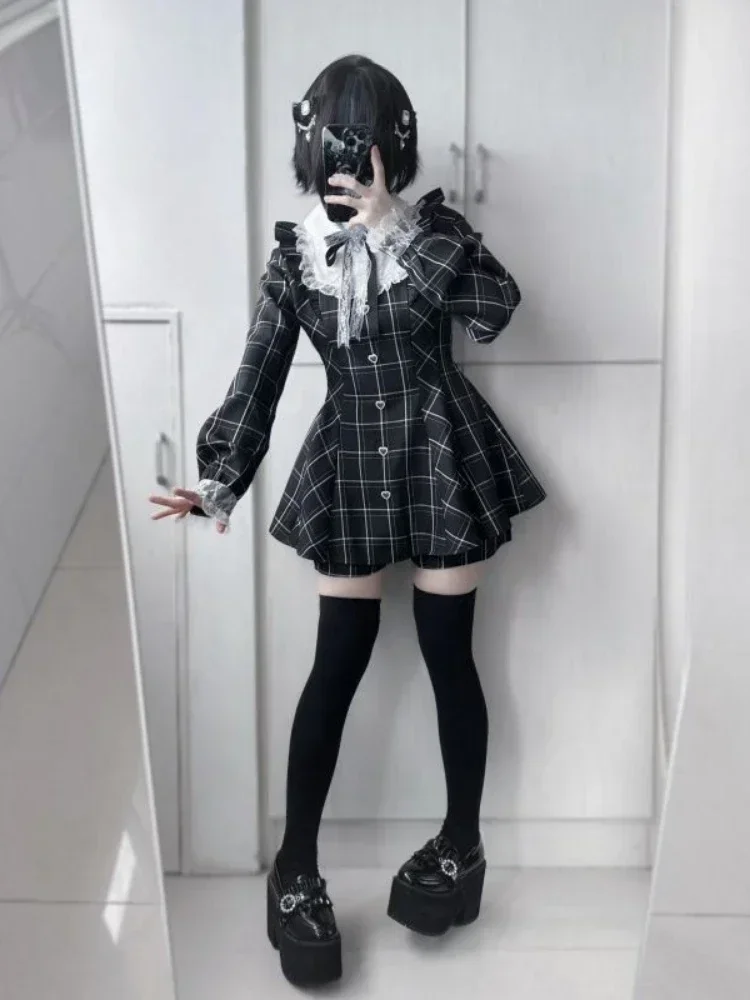 Robe à carreaux en dentelle douce pour femmes, fée japonaise, Patchwork, Kawaii Grunge, à volants, manches longues, Y2k, esthétique JK Lolita