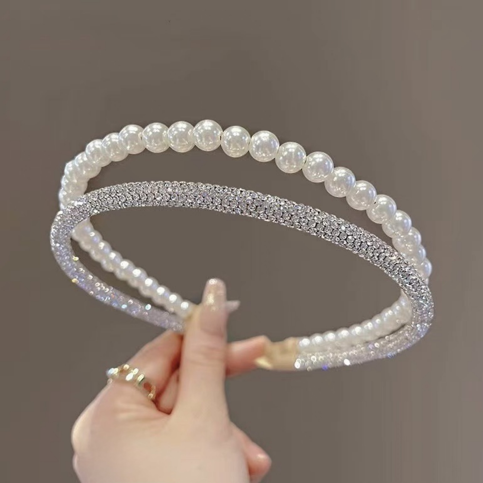 Cerceau de cheveux Double couche à la mode pour femmes, Imitation de perles et de strass, incrusté de strass haut de gamme, polyvalent pour les sorties, 1 pièce