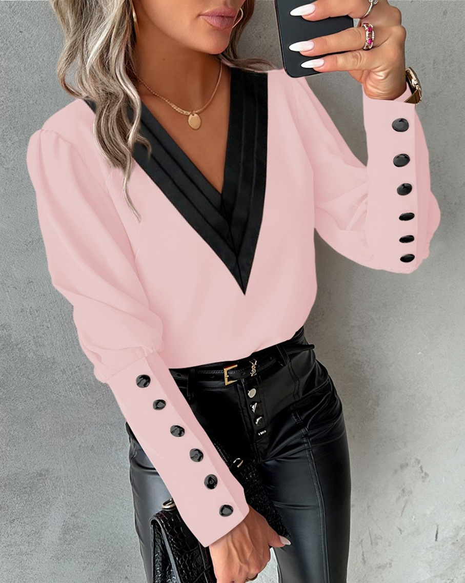 Bureau dames col en v bouton chemise Blouse printemps automne mode couleur correspondant à manches longues chemises pour femmes 2024 hauts blancs Femme