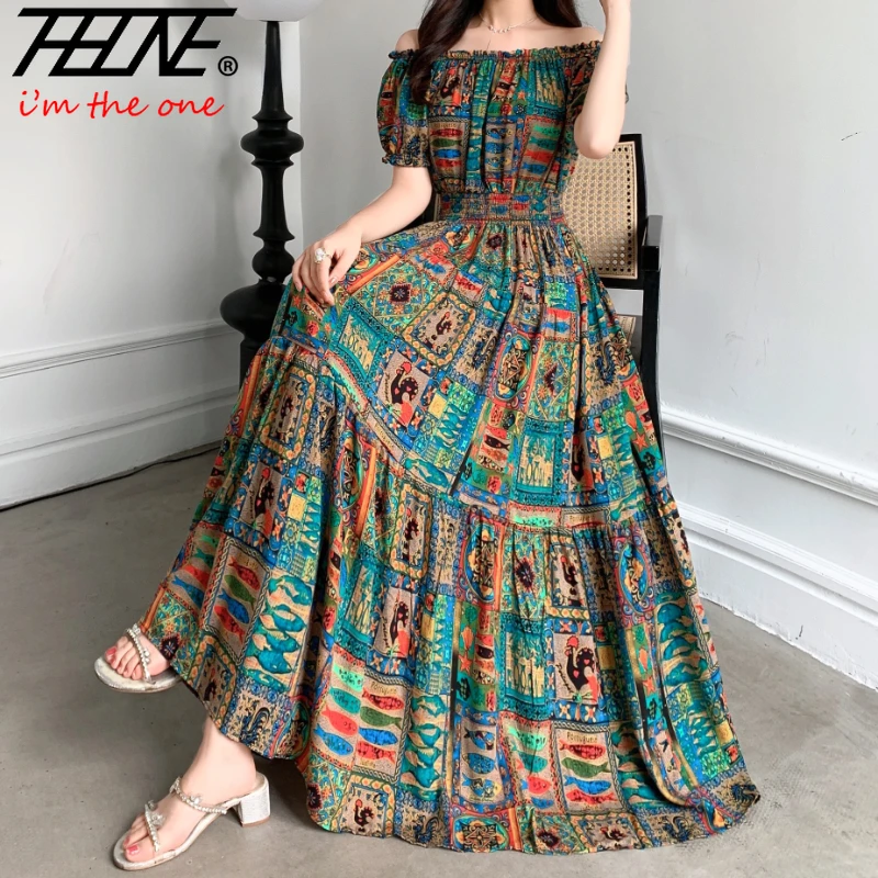 Robe maxi longue en coton et lin pour femme, vêtements indiens, bohème, floral, manches courtes, style coréen décontracté, été