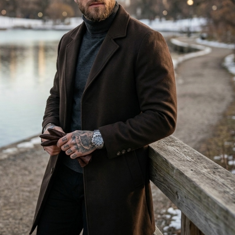 Nouveau manteau long en tissu mélangé pour homme - Fermeture à un seul bouton |   Veste de costume style business-casual et streetwear pour homme, hiver
