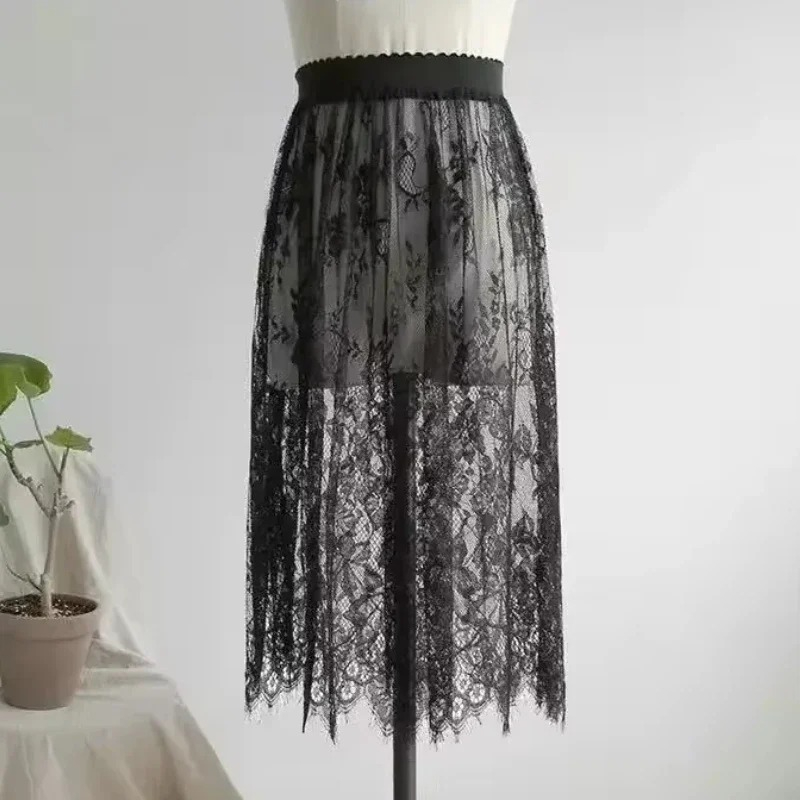 2 longueur élégante jupe noire dentelle blanche transparente longue jupe en Tulle dames élastique taille haute plage jupe Midi livraison directe
