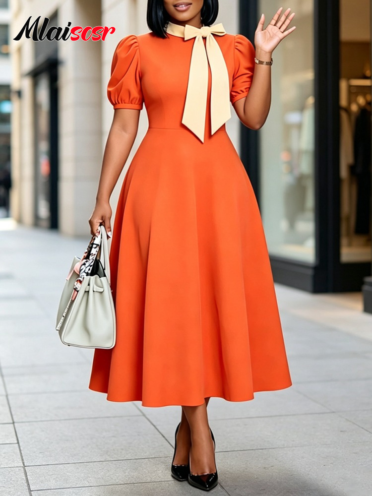 Robe midi orange à col à nœud pour femme, coupe trapèze, manches bouffantes, ajustée, tenue élégante pour soirée cocktail, mariage, soirée africaine