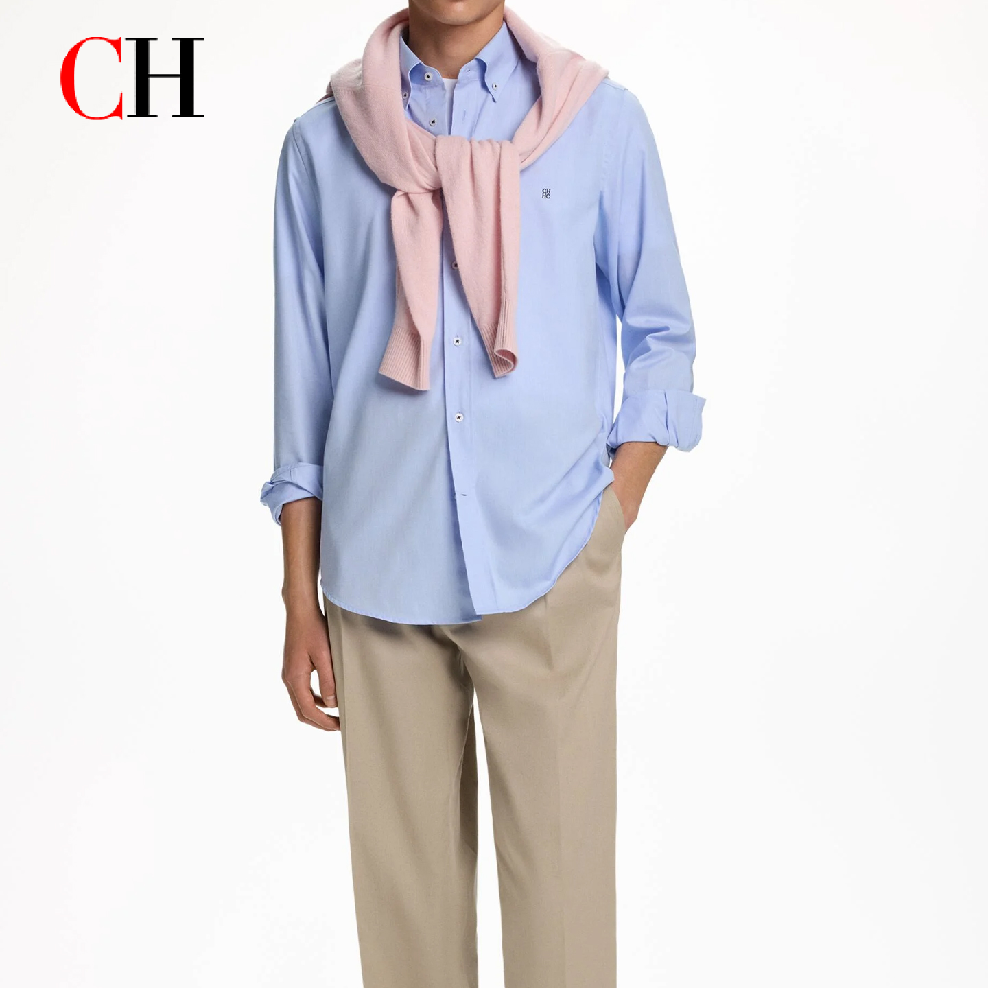 Chemise décontractée à manches longues pour homme avec broderie discrète à revers, idéale pour les sorties et le style urbain