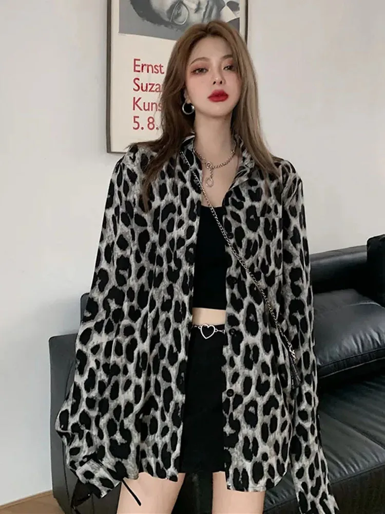 Chemise longue rétro à imprimé léopard pour femme, coupe ample oversize, style Y2K, mode coréenne, chemisier décontracté, streetwear, haut de printemps