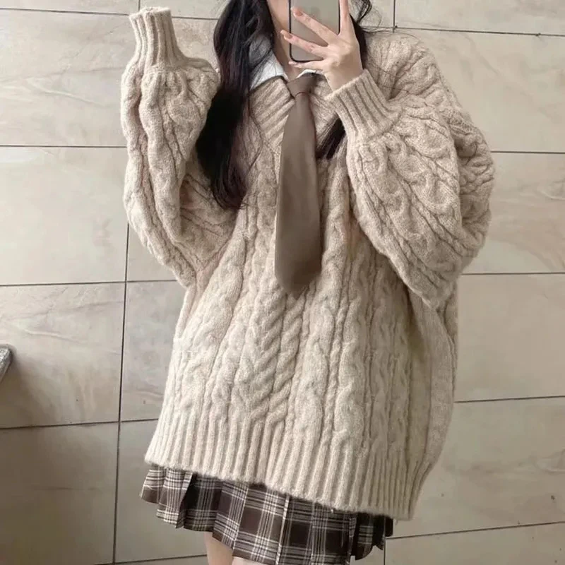 Fanan hiver femmes pull Harajuku surdimensionné tricoté pulls coréen à manches longues col en V tricots Preppy solide pull ample