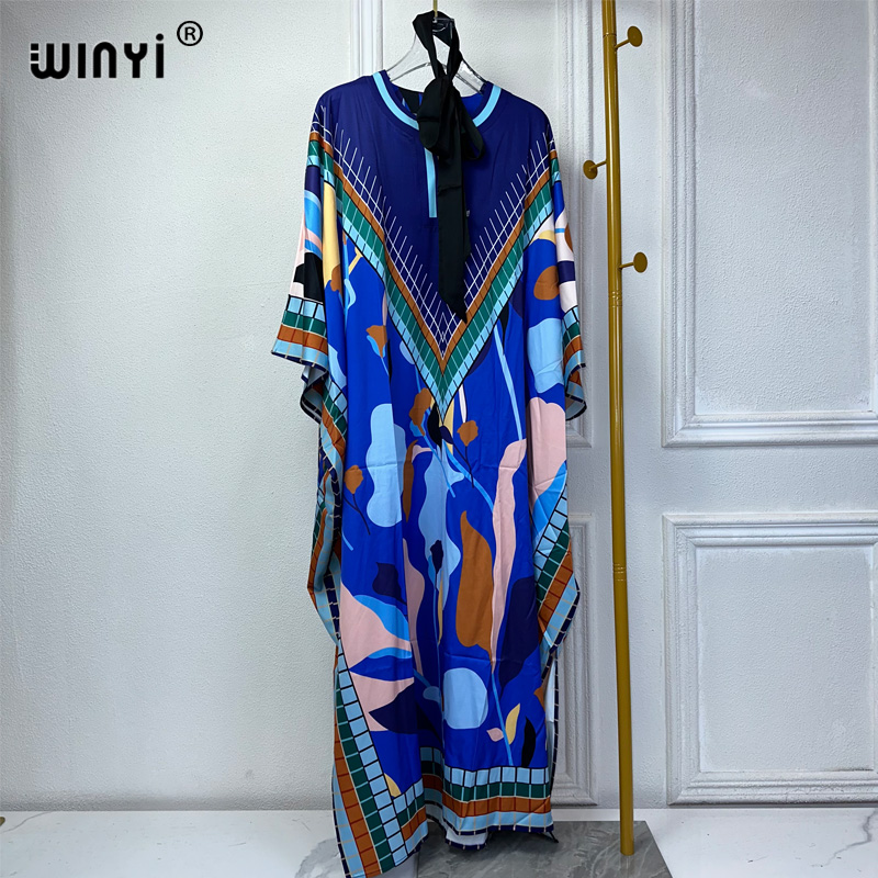 WINYI-Robe maxi à imprimé floral pour femmes musulmanes, caftan de luxe, abaya dubaï, tenue de soirée bohème, été