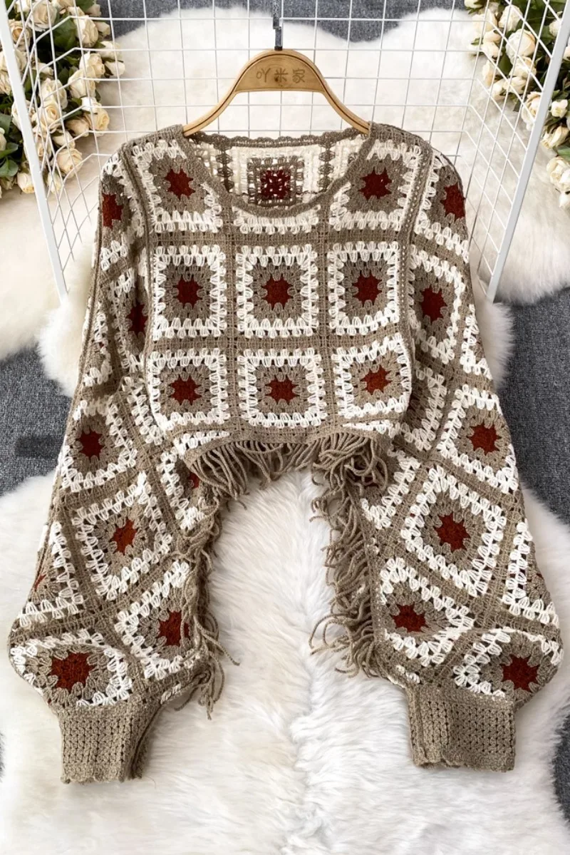 Pull bohème pour femme, col rond, crochet, fleur, creux, pulls vintage pour femme, pulls d'automne à carreaux, pompon, tout-puissant, livraison directe