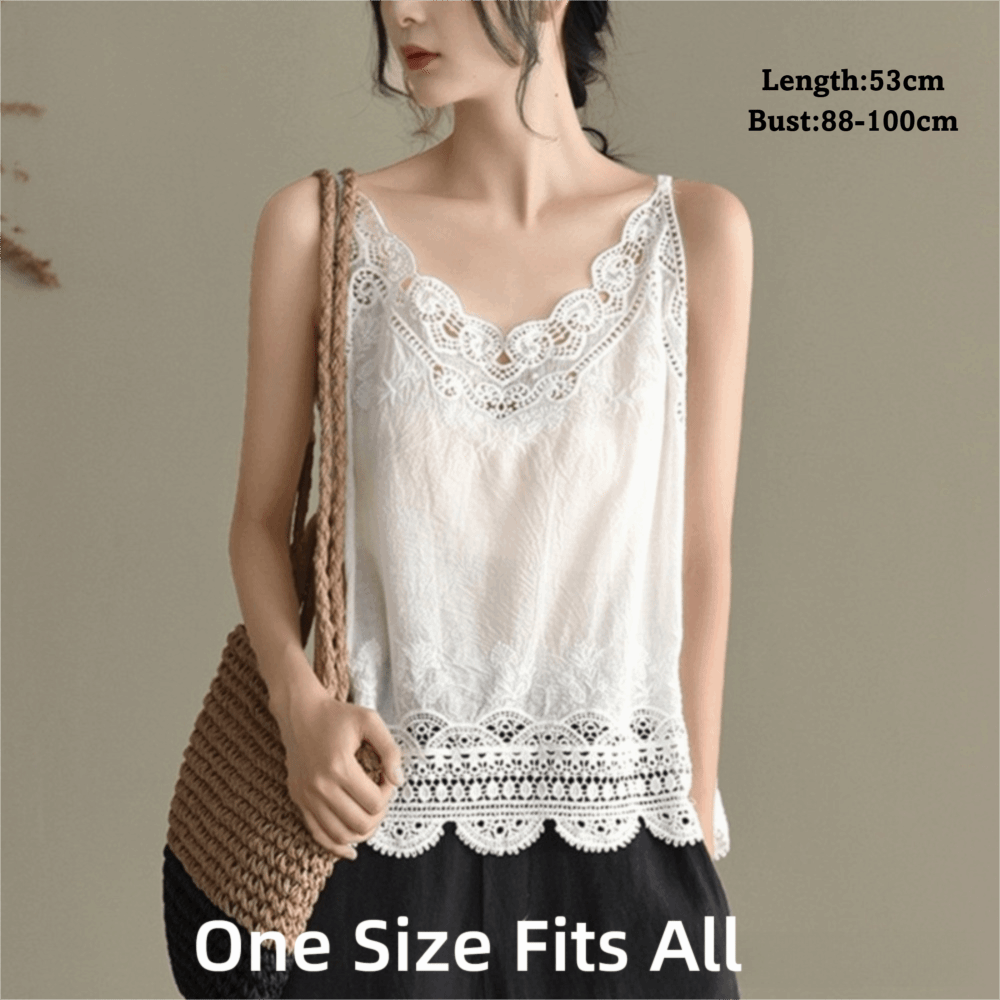 Camisole Rétro Bohème Brodé en Coton et Lin à Col en V, Sans Manches, Motif Floral