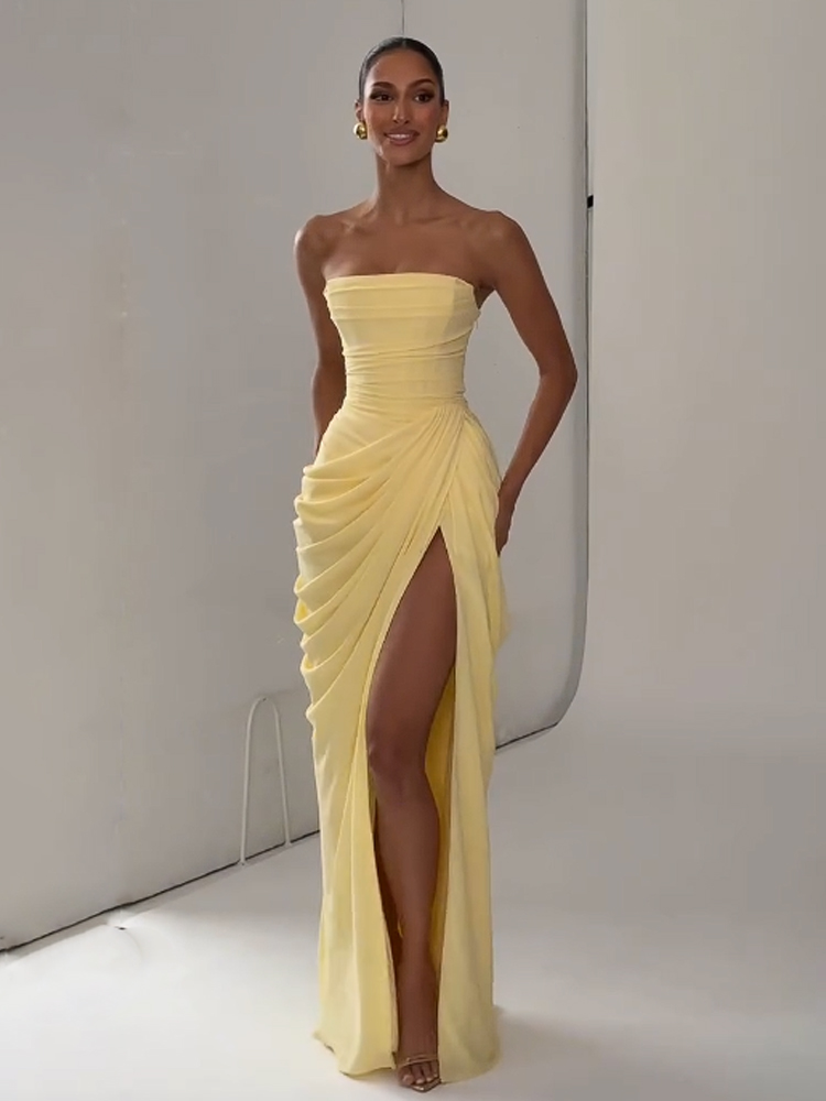 Robe longue plissée à col écharpe pour femmes, élégante, Sexy, couleur unie, sans manches, épaules dénudées, Slim, robe de soirée, 2026
