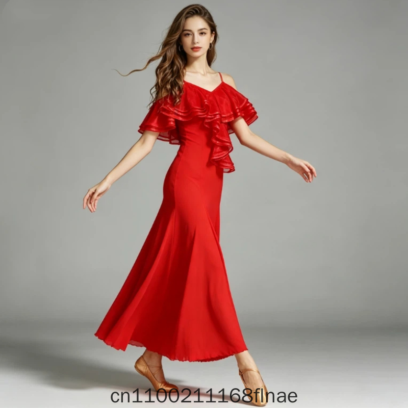 Robe de danse moderne MY758, robe de danse standard nationale, luxueuse, avec grand volant en forme de feuille de lotus, pour spectacle sur scène féminin