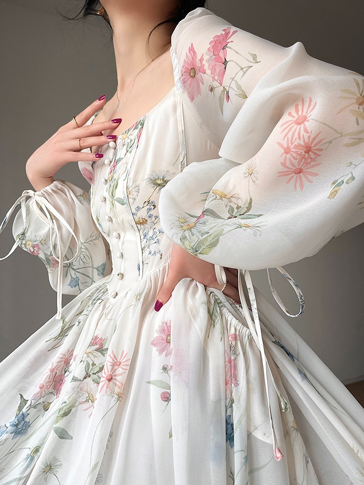 Robe Midi Florale Élégante Française en Mousseline à Manches Longues pour Soirée, Robe de Plage Féerique Une Pièce pour Femme, Style Coréen Été 2026