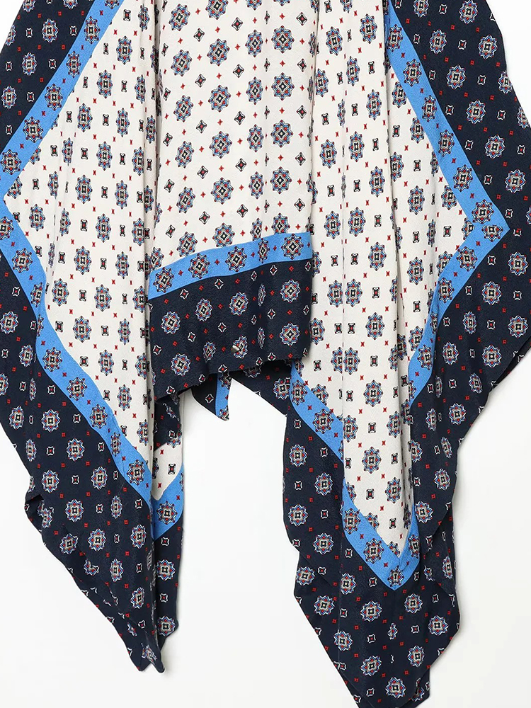 Haut d'été pour femme à col licou imprimé foulard, motif géométrique positionné, sans manches, ourlet asymétrique, dos à nouer, style bohème