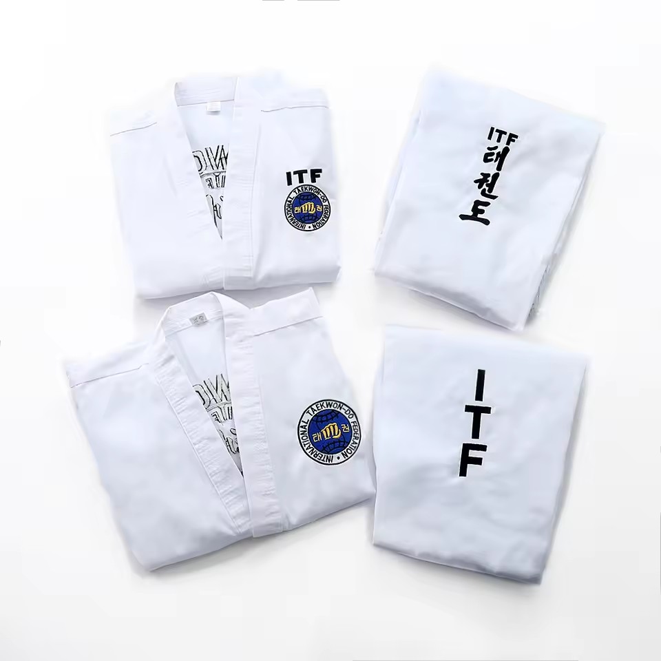 Tenue de karaté, tenue de taekwondo ITF, tenue d'athlétisme, fermeture éclair blanche pour enfants et adultes, entraînement débutant, tissu sergé