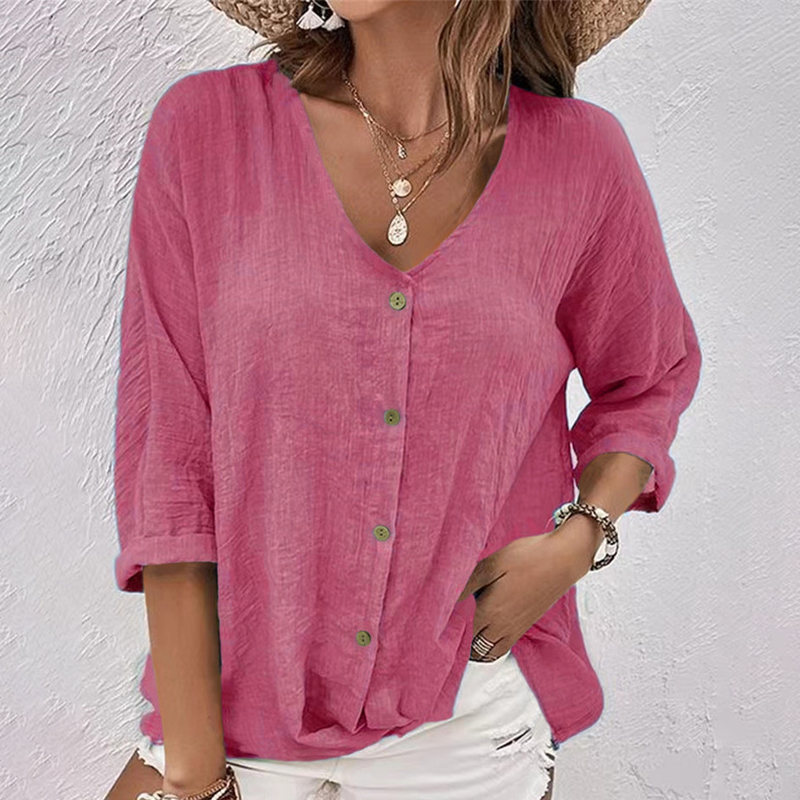 Chemisier décontracté en lin pour femme, col en V, manches 3/4, boutonné, coupe ample, couleur unie