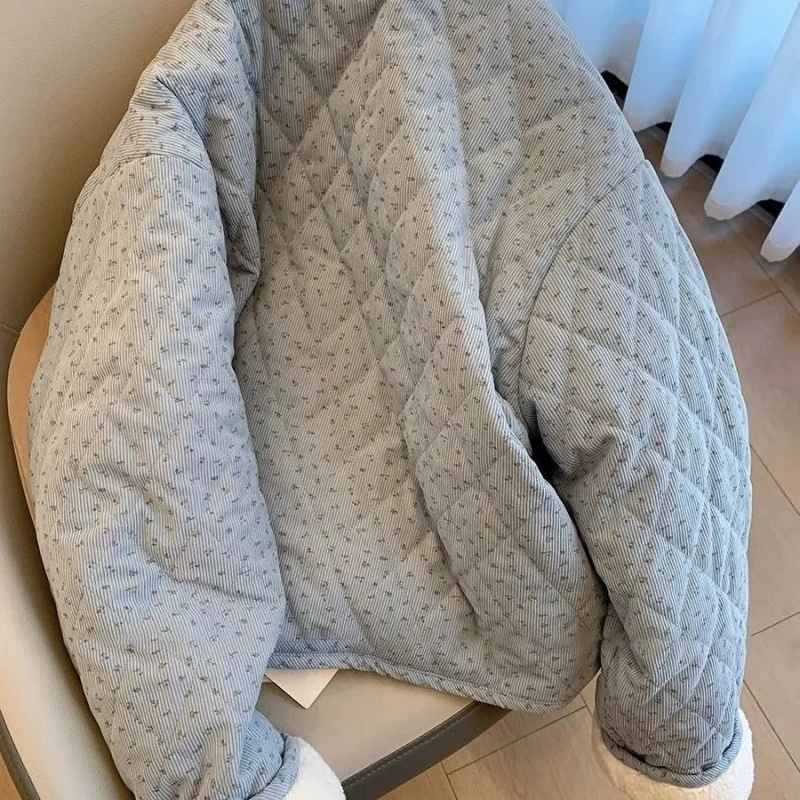 Veste Chic en velours côtelé à fleurs pour femmes, haut coréen en coton à manches longues et col rond, coupe ample, chaud et polyvalent, automne hiver