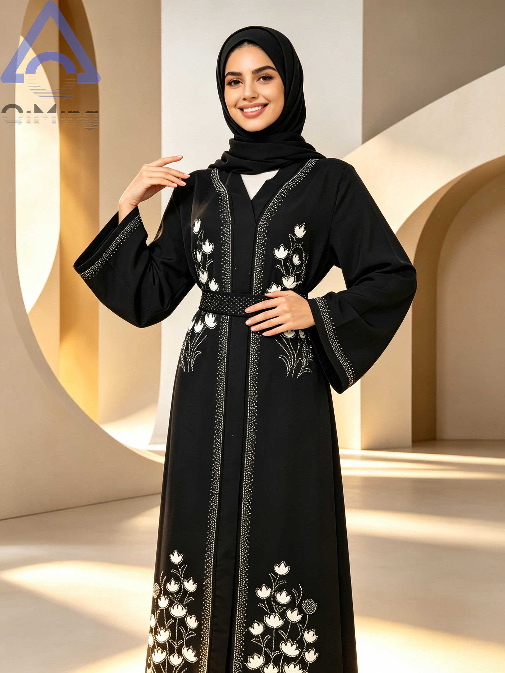 Abaya florale exquise en strass QiMing, Kaftan de Dubaï modeste, Maxi Jalabiya pour femme, Robe de soirée et de fête islamique à manches longues pour l'Aïd