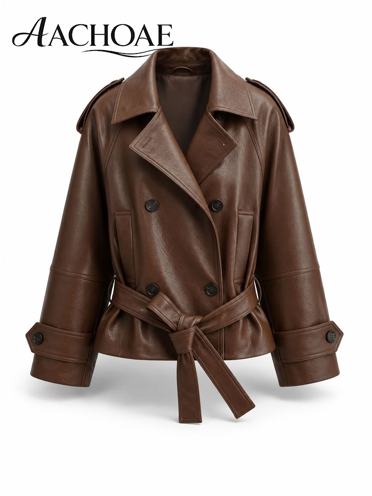 Veste en similicuir vintage pour femme, ceinturée, style motard, manteau oversize en cuir PU