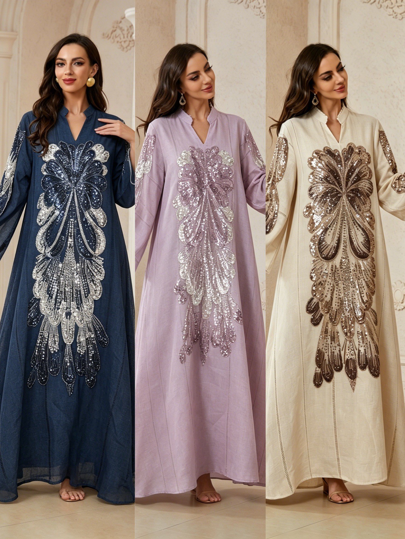 Robe de soirée élégante pour femmes musulmanes du Moyen-Orient, style Ramadan, ornée de perles, col en V, coupe ample et amincissante, luxe léger.