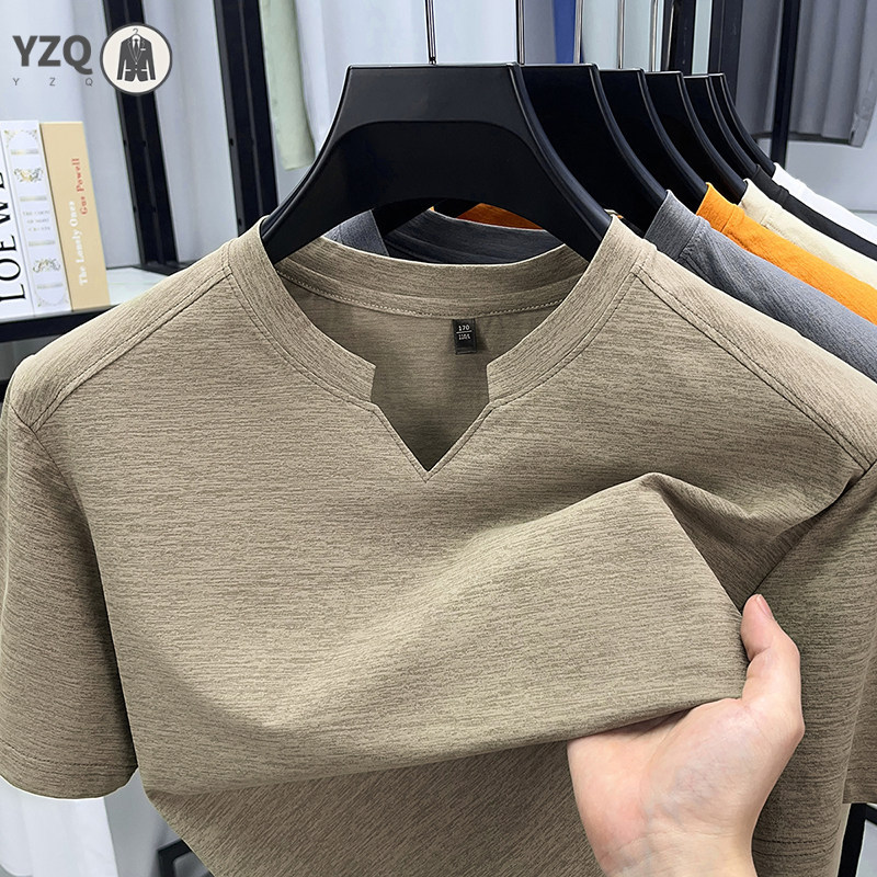 T-Shirt coréen à manches courtes et col en v pour hommes, couleur unie, décontracté, mode, confortable, polyvalent, été