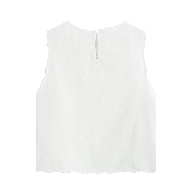 Nouveau 2026, Débardeur court décontracté d'été pour femme, style bohème vintage, brodé ajouré, sans manches, avec bord festonné et nœud latéral.