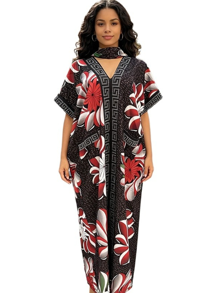 Abaya musulmane imprimée à col en V, robe longue ample et tendance avec strass, grande taille, nouvelle collection 2026, Dashiki + foulard