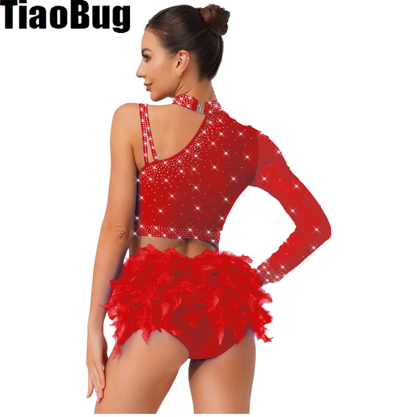 Tenues de danse latine pour femmes, asymétrique épaule dénudée, manches longues, haut court avec slip en plumes, Costume de patinage artistique Chacha Tango