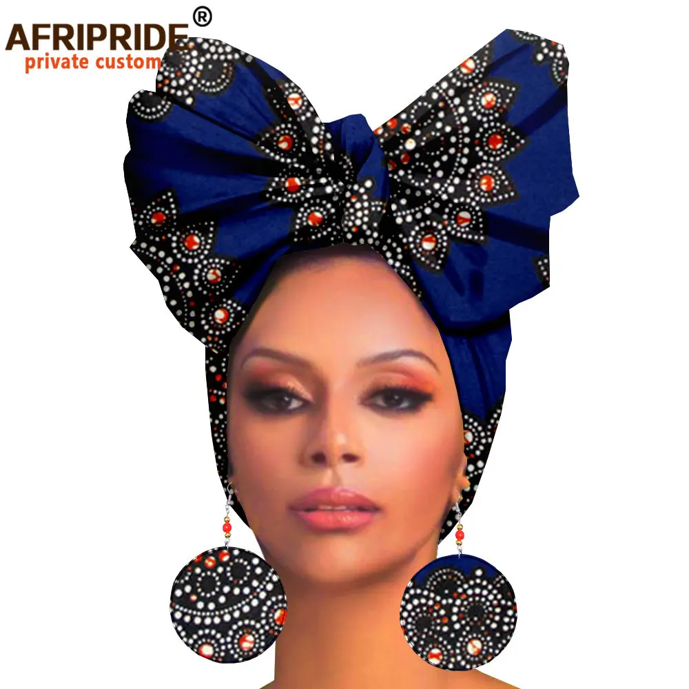 Couvre-chef et boucles d'oreilles africaines pour femmes, foulard de tête africain Ankara, foulard traditionnel, Turban imprimé cire AFRIPRIDE A19H008