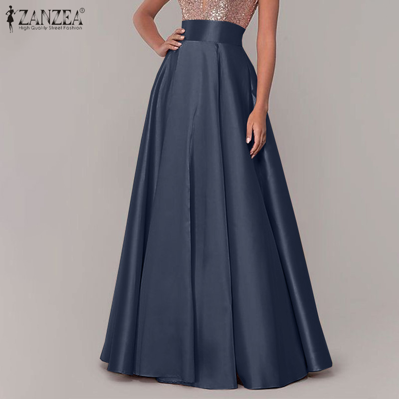 ZANZEA Jupes longues de soirée en satin pour femmes, élégantes, taille haute, fermeture éclair au dos, coupe trapèze, jupes longues élégantes pour cocktail, Faldas Mujer