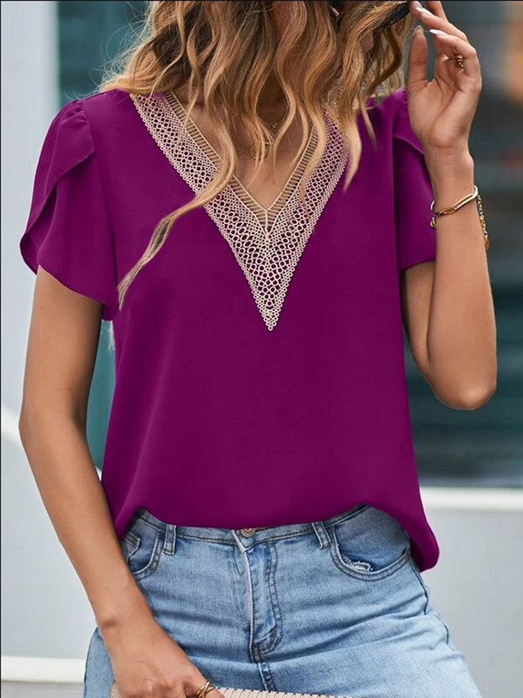 Chemisier élégant pour femmes, couleur unie, manches courtes, chemise rouge, panneau en dentelle creuse, bureau, Social, en mousseline de soie, été, 2023