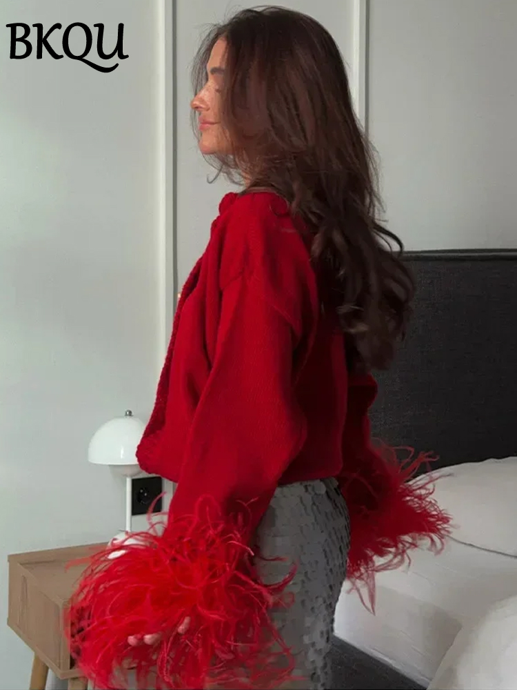 BKQU-Cardigan patchwork de plumes pour femmes, pull court à boutonnage simple, manches longues, mode élégante, rue