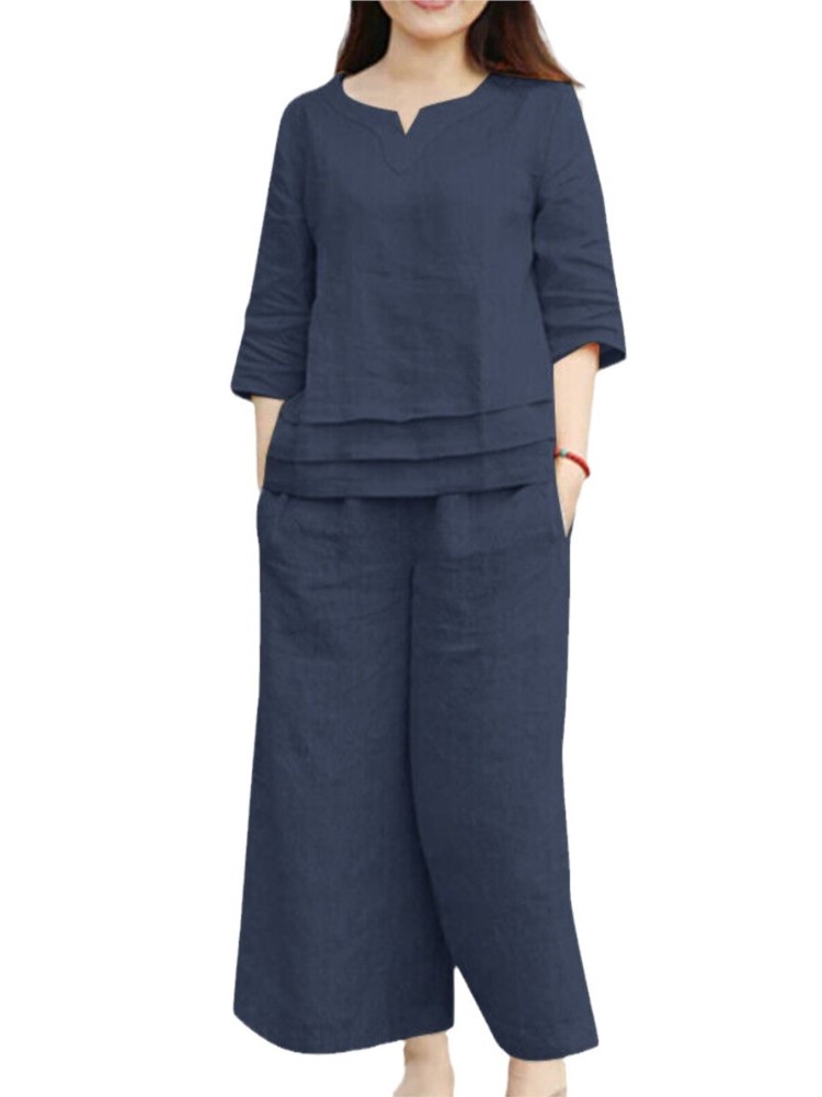 Ensemble pantalon en coton et lin pour femmes, nouveaux Styles décontractés, ample, couleur unie, manchette centrale, poche, ensemble deux pièces, printemps été