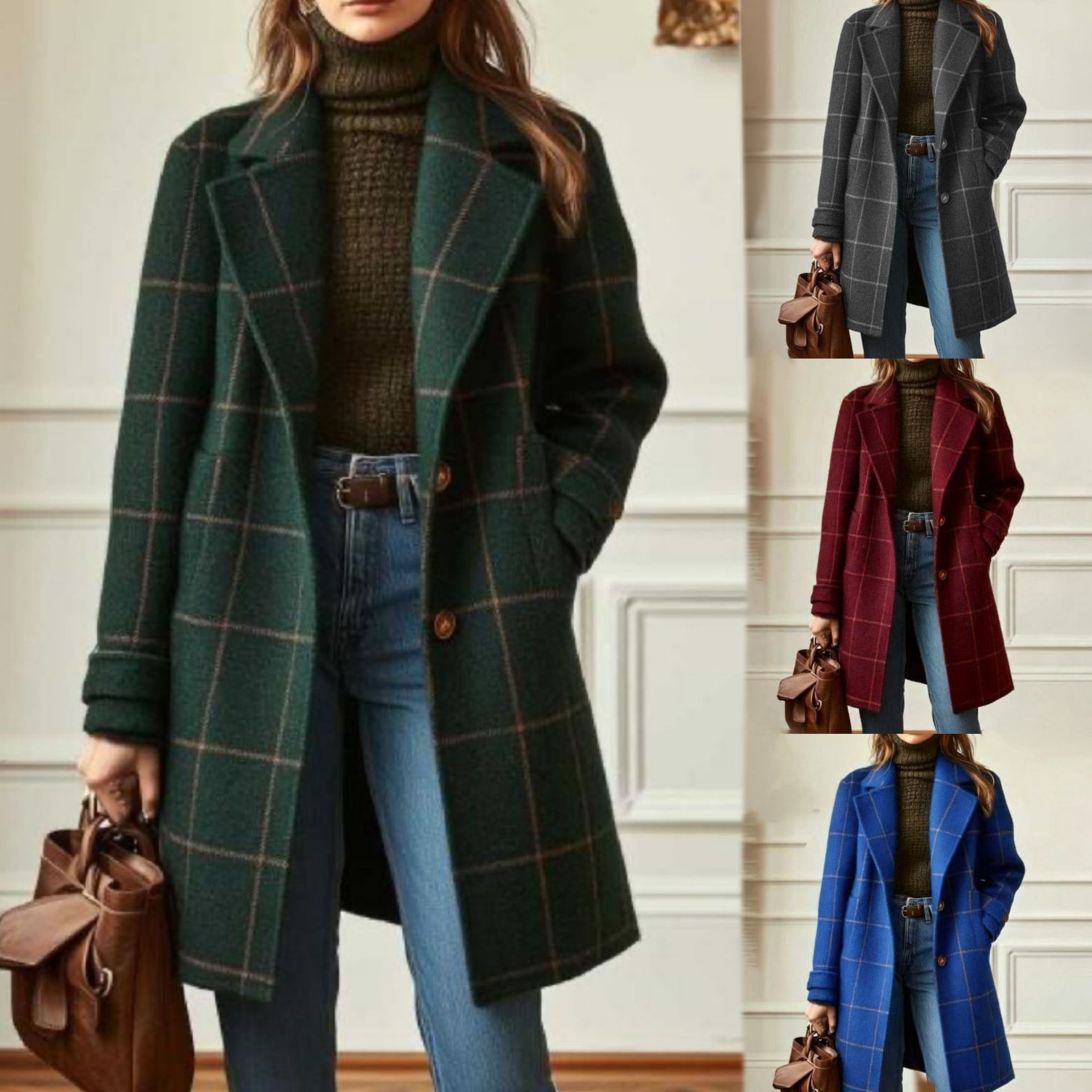 Manteau en laine pour femme 2026, style rétro à carreaux, décontracté et élégant, mi-long, avec revers, vêtements pour femme