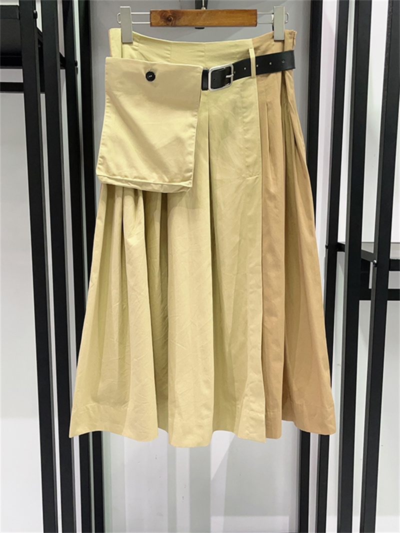 Jupe plissée taille haute pour femme, style français, avec ceinture détachable et pochette intégrée, design patchwork coloré, mode féminine