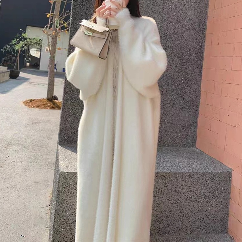 Cardigan Long blanc pour femmes, vêtements d'hiver tricotés, moelleux, manches longues, pull en cachemire, manteau, Style coréen, chaud, Vintage, nouvelle collection 2025