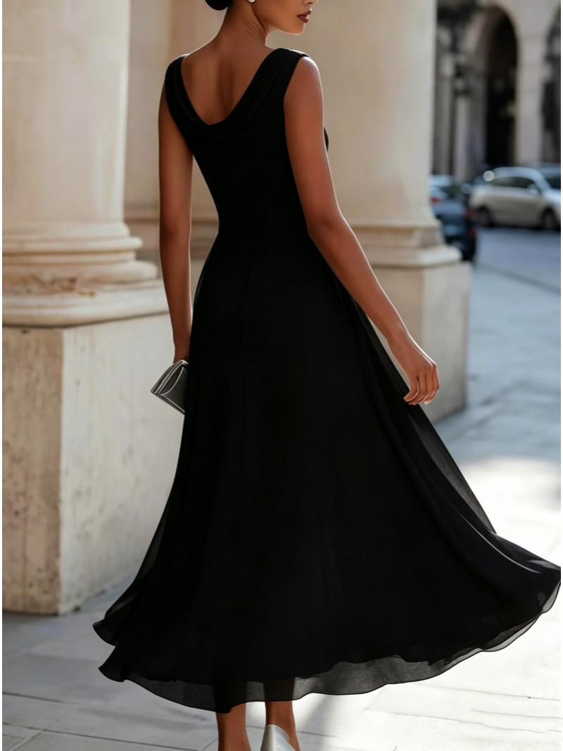Robe midi élégante pour femme, drapée, à col drapé, sans manches, avec taille froncée, idéale pour les occasions formelles et les invitées de mariage