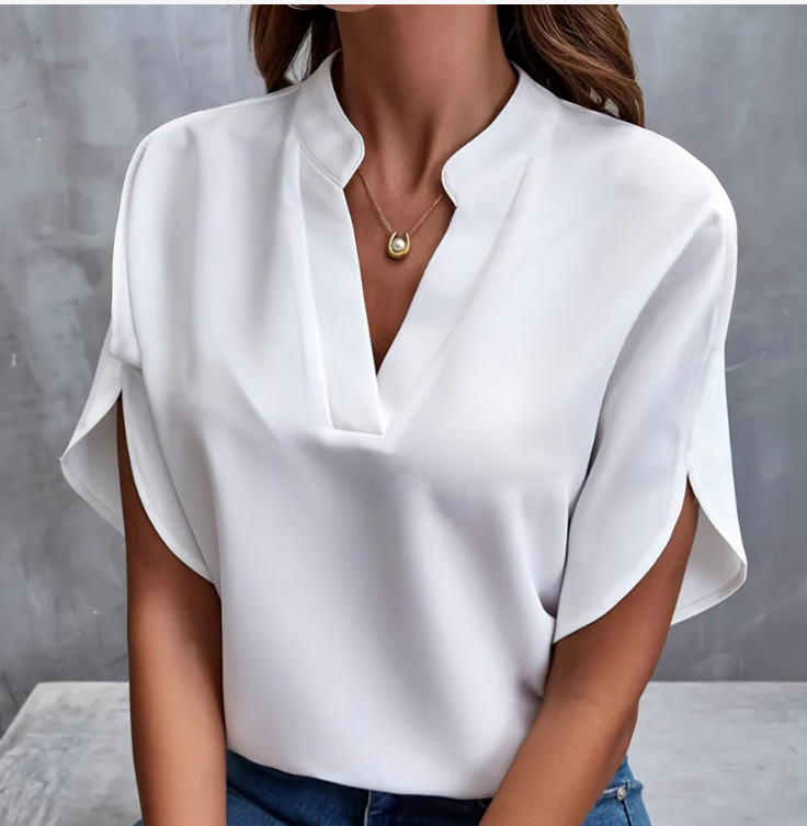 Chemisier Élégant à Manches Courtes et Col en V pour Femme, Chemise Décontractée, Couleur Unie, Bureau, Été